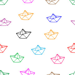 Beautiful hand-drawn colored vector illustration of group of origami paper toy boats isolated on a white background for coloring book for children. Seamless pattern