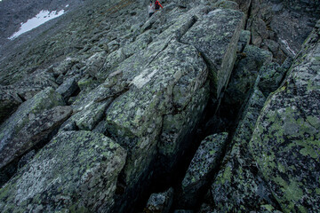 Large boulders of rock, in a national park in the Polar Urals, Russia. Hiking concept. Close-up.