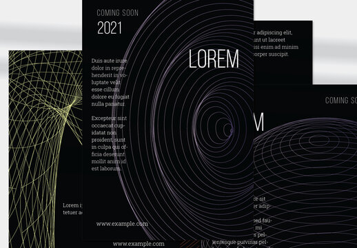 Striped Globe Vertical Flyer Layout Geometric Wireframe Shape on Black