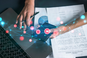 Abstract moder technology theme hologram and a woman signing contract use phone. Multiexposure.