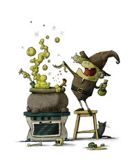 witch on a stool is throwing something into a huge bubbling potion. isolated