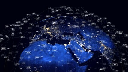 HUD technological background.Global connection.World map flying over ASIA,AFRICA,EUROPE.Percentage from 0 to 100 percent.Globe lines connecting people digital infographic. - Powered by Adobe