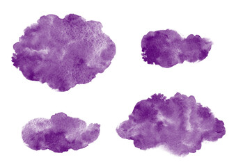 Dark purple watercolor strokes, oval, rounded cloud shapes, uneven elliptic spots, smears, smudges set. Plum violet watercolour stains brush drawn painted templates. Texture, frame, text background.