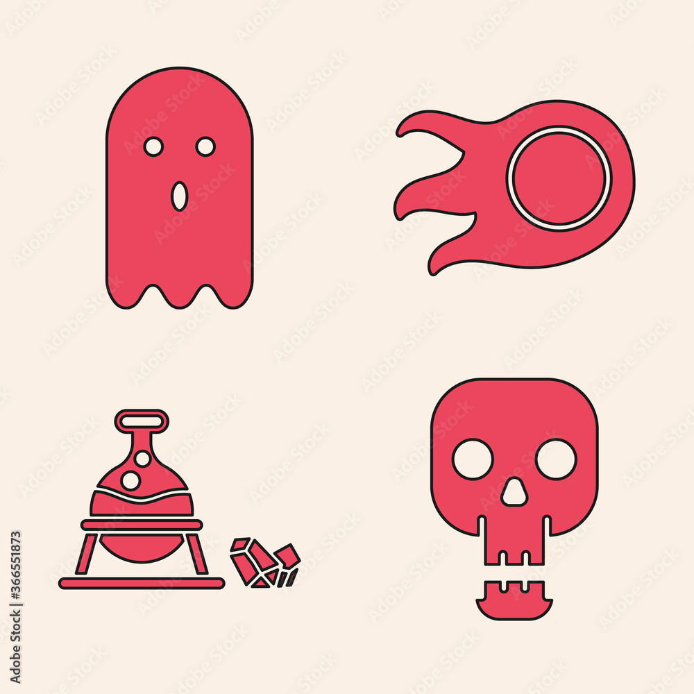 Sticker Set Skull, Ghost, Fireball and Witch cauldron and magic stone icon. Vector.