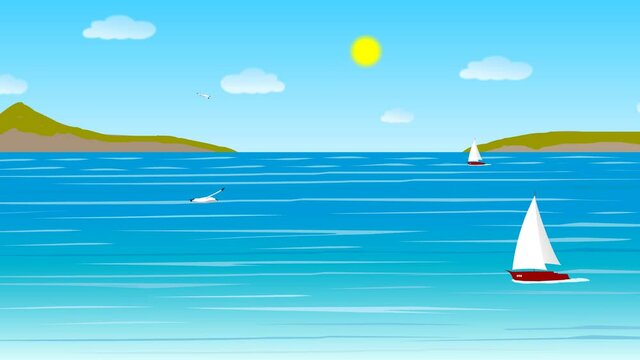 Yachts sail in the sea on a clear sunny day. Islands can be seen on the horizon, seagulls fly over the sea and yachts. 2D animation, cartoon.