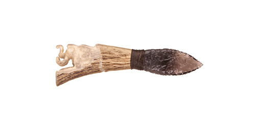 Obsidian knife with bone handle isolate on a white back. Prehistoric weapon made of volcanic glass.