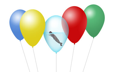 Fototapeta na wymiar A sperm whale is seen inside a balloon along with other party balloons in an illustration about releasing helium balloons kills sea mammals. Isolated 3-D image.