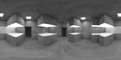 Empty concrete exhibition hall interior, 360 panorama - obrazy, fototapety, plakaty
