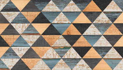 Colorful wall with triangle pattern made of painted wooden tiles. Wood texture background. 