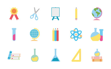 icon set of chemical flasks and back to school, flat style