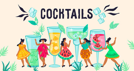 Fototapeta premium Banner for cocktail party and bar decoration with fancy women characters among huge fruit beverages. Summer party poster or site interface flat vector illustration.