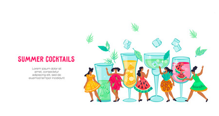 Poster or banner design for cocktail party and beach bar with girls characters in costumes in tropical fruit shape. An invitation to a cocktail bar or lounge party. Flat vector illustration.