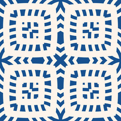 Vector geometric seamless pattern. Abstract blue and white ethnic texture with ornamental grid, mesh, cross shapes. Tribal ethnic motif. Folk style background. Repeat design for decor, textile, pillow