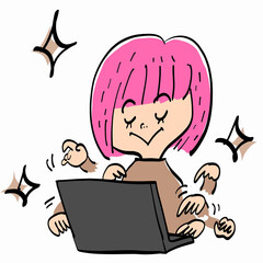 てきぱきとPC作業をするピンクおかっぱ