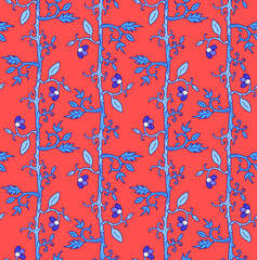 Seamless floral oriental pattern with vines. Stylized indian flowers, leaves and tree branches stripes or lines colored blue and red