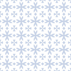 Vector geometric seamless pattern with flower shapes, crosses, diamonds. Subtle light blue and white floral ornament in gothic style. Simple ornamental texture. Repeat design for decor, wallpapers