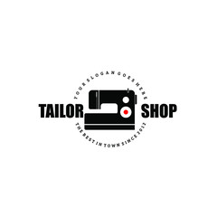 Tailor shop logo vector illustration with modern sewing machine silhouette and rounded text isolated on white background suit for tailor shop theme