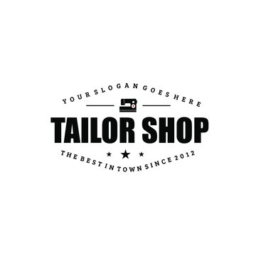 Tailor Shop Logo Vector Illustration With Modern Sewing Machine Silhouette, Bold Text And Stars Isolated On White Background Suit For Tailor Shop Theme