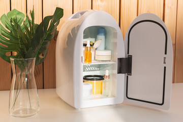 Mini fridge for keeping skincare, makeup and beauty product cool and fresh. Extend shelf live of creams, serums. Keep your beauty products organised and cool. Sunny day and summer vibes.