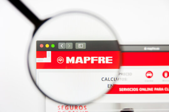 Los Angeles, California, USA - 10 March 2019: Illustrative Editorial, Mapfre website homepage. Mapfre logo visible on display screen