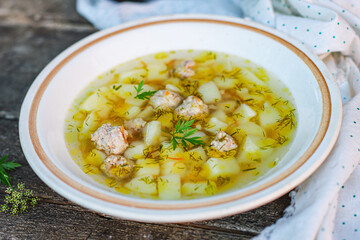 soup meatballs and vegetables first dish food background top view copy space organic eating healthy keto or paleo diet