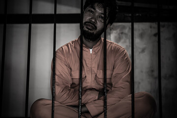 Asian man desperate at the iron prison,prisoner concept,thailand people,Hope to be free,Serious...