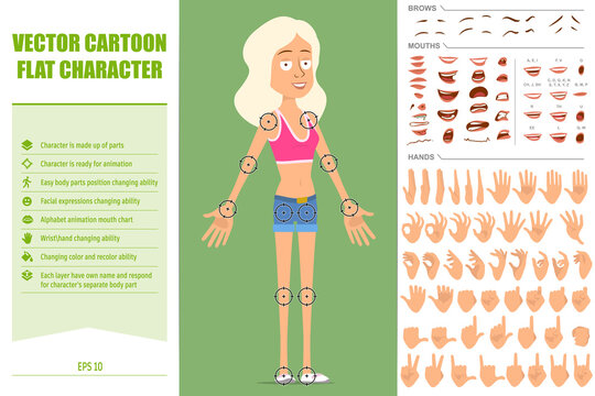 Cartoon flat funny sport girl character in shirt and jeans shorts. Ready for animation. Face expressions, eyes, brows, mouth and hands easy to edit. Isolated on green background. Vector set.
