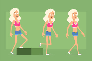 Cartoon flat funny sport woman character in shirt and jeans shorts. Successful tired girl walking to her goal. Ready for animation. Isolated on green background. Vector set.