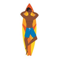 man afro in shorts, lying down on surfboard, summer vacation season