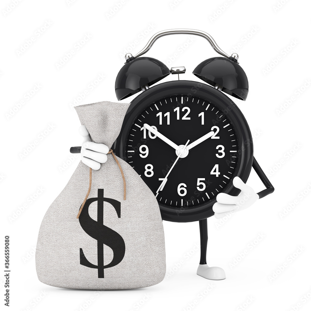Poster alarm clock character mascot with tied rustic canvas linen money sack or money bag with dollar sign.