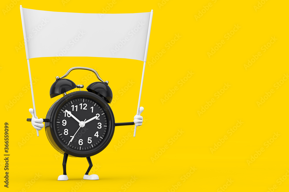 Fototapete Alarm Clock Character Mascot and Empty White Blank Banner with Free Space for Your Design. 3d Rendering