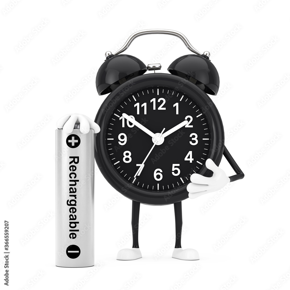 Poster Alarm Clock Character Mascot with Rechargeable Battery. 3d Rendering