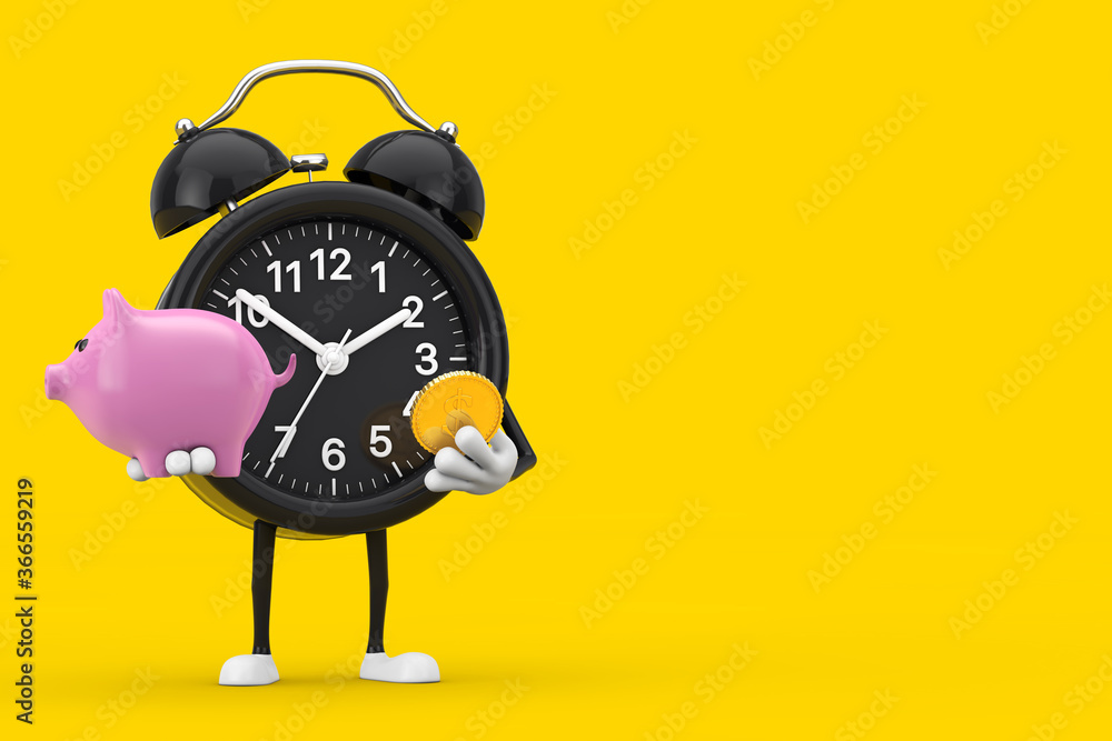 Poster alarm clock character mascot with piggy bank and golden dollar coin. 3d rendering