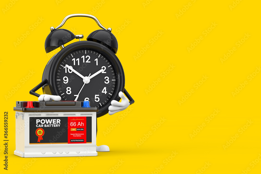 Aufkleber Alarm Clock Character Mascot and Rechargeable Car Battery 12V Accumulator with Abstract Label. 3d Rendering