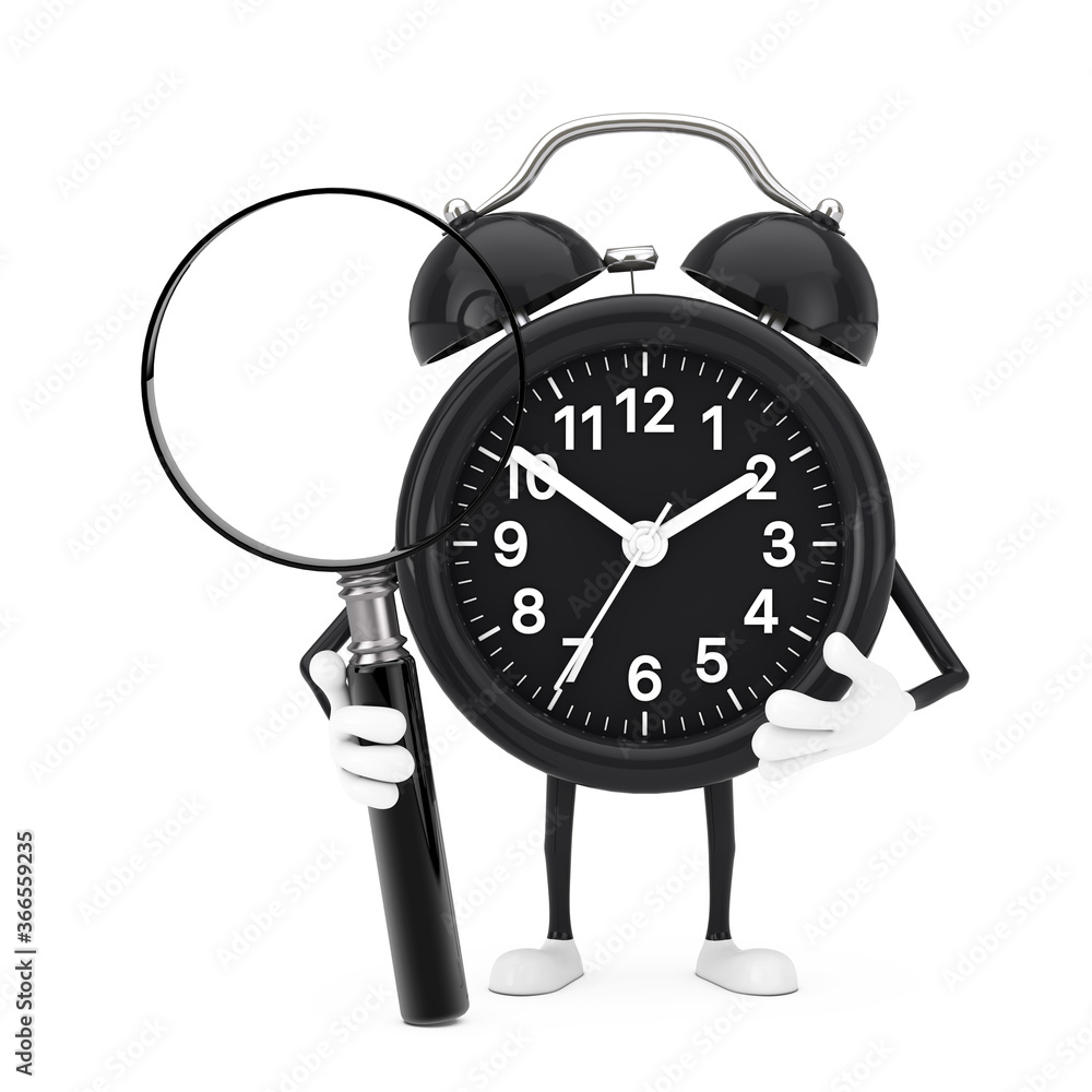 Aufkleber alarm clock character mascot with magnifying glass. 3d rendering