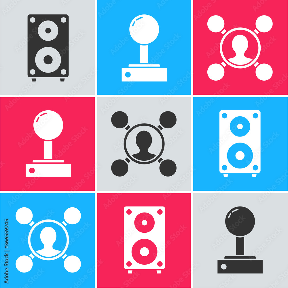 Poster set stereo speaker, joystick for arcade machine and share icon. vector.