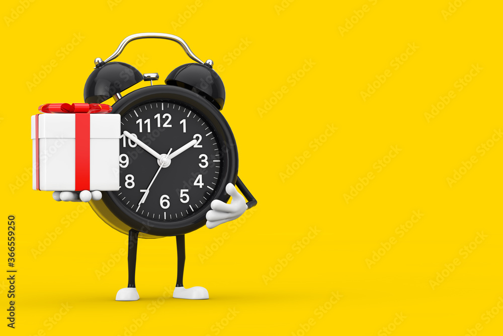 Poster Alarm Clock Character Mascot with Gift Box with Red Ribbon. 3d Rendering