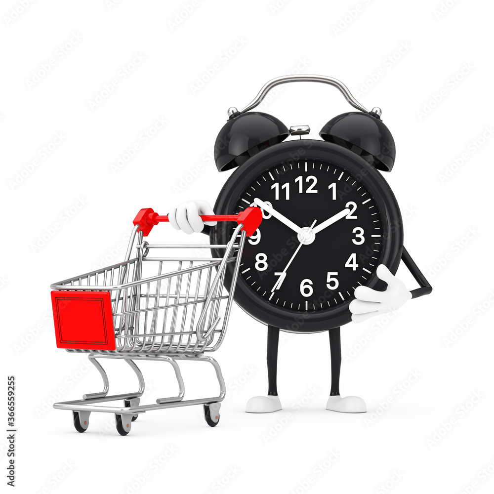 Poster Alarm Clock Character Mascot with Shopping Cart Trolley. 3d Rendering