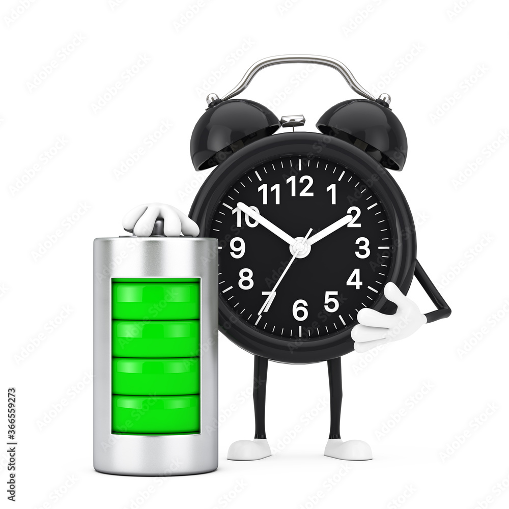Leinwandbilder alarm clock character mascot with abstract charging battery. 3d rendering