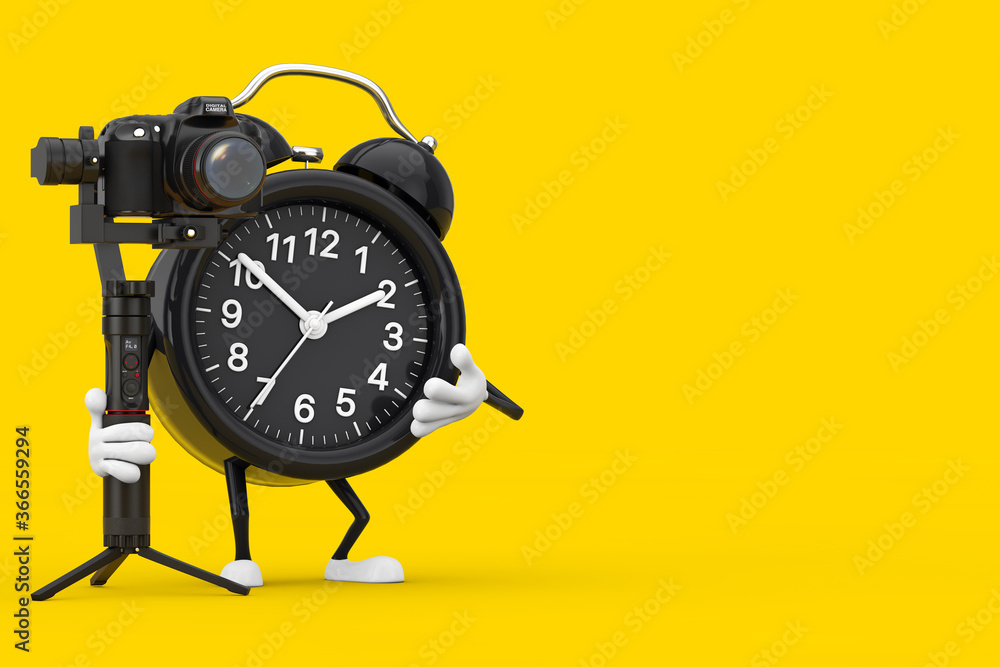 Leinwandbilder Alarm Clock Character Mascot with DSLR or Video Camera Gimbal Stabilization Tripod System. 3d Rendering