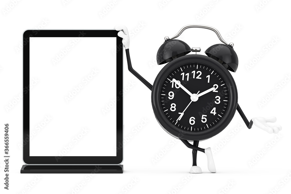 Poster alarm clock character mascot with blank trade show lcd screen stand as template for your design. 3d 