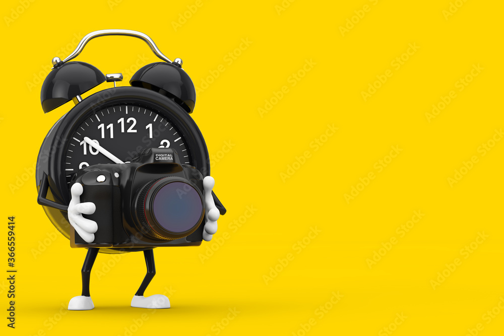 Poster alarm clock character mascot with modern digital photo camera. 3d rendering