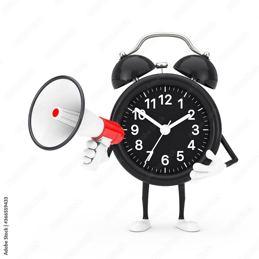 Poster alarm clock character mascot with red retro megaphone. 3d rendering