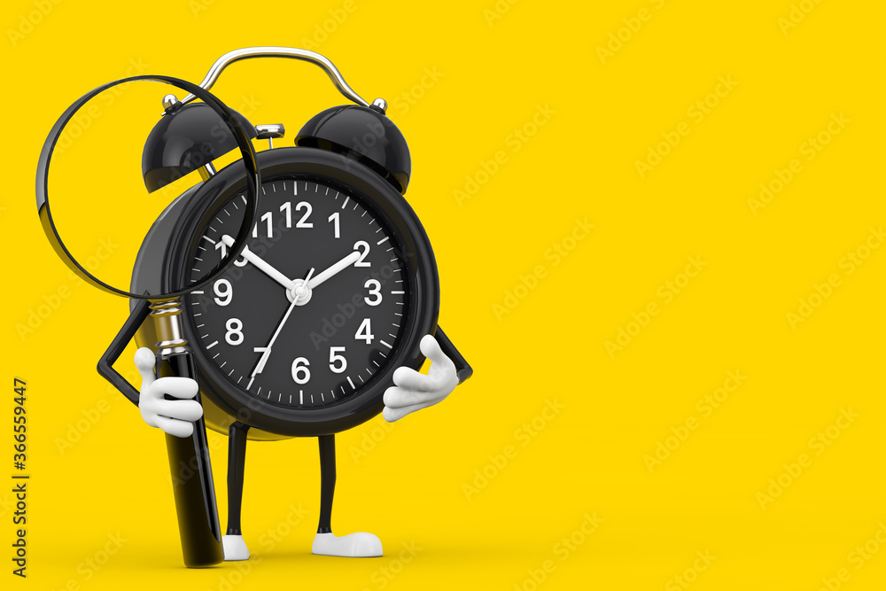 Fototapete alarm clock character mascot with magnifying glass. 3d rendering
