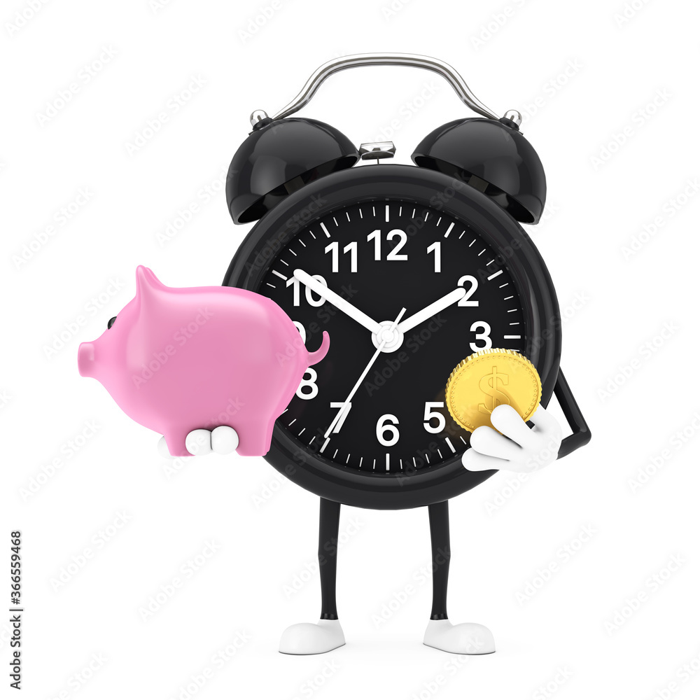 Poster alarm clock character mascot with piggy bank and golden dollar coin. 3d rendering