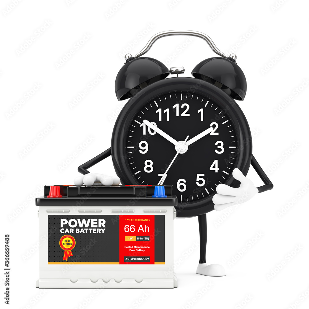 Poster alarm clock character mascot and rechargeable car battery 12v accumulator with abstract label. 3d re
