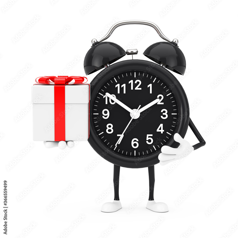 Poster alarm clock character mascot with gift box with red ribbon. 3d rendering