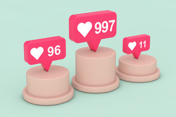 Social Media Network Love and Like Heart Icons on Top of Pedestal, Stage, Podium or Column. 3d Rendering
