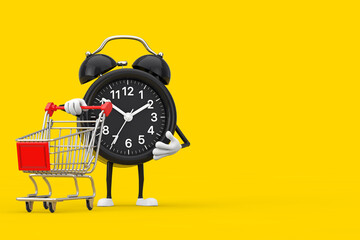Alarm Clock Character Mascot with Shopping Cart Trolley. 3d Rendering
