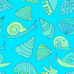Black&white graphic sea shells and snails. Isolated objects on white background. Doodle style. Zentangle Snails. Coloring book page. Joy to adult colorists, who like art, relax and meditation.